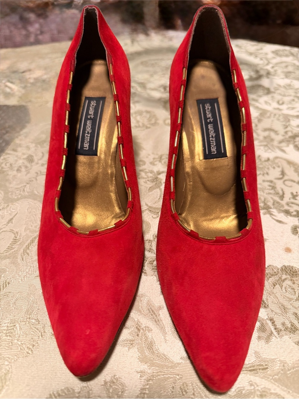 Stuart Weitzman Red Suede Pointed Pumps with Gold Trim